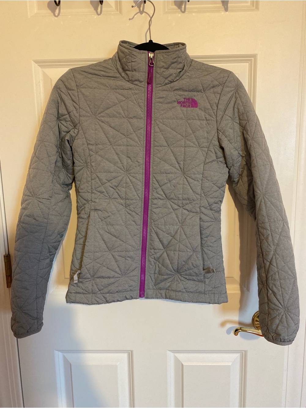 The North Face quilted zip gray purple jacket, womens size XS